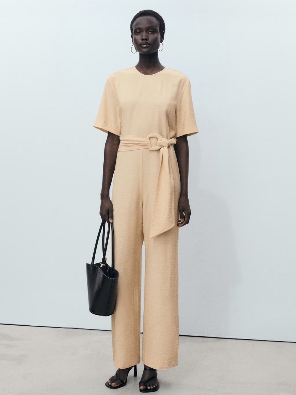 Mango Beige straight fit short sleeved jumpsuit with belt NWT